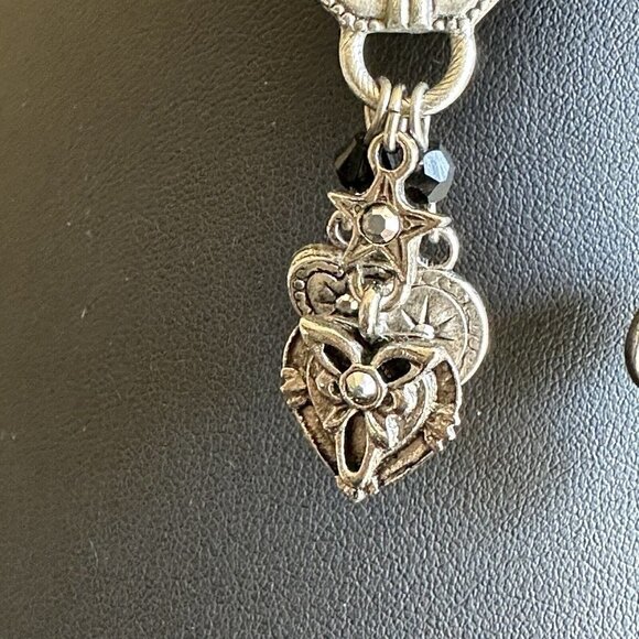 VTG Earrings Dangle Pierced 2" Rhinestones Hearts Stars Pewter Geometric Charm - Picture 4 of 7